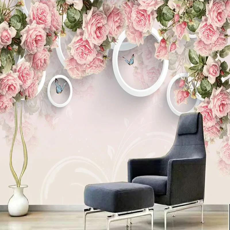 Custom 3D Self-Adhesive Wallpaper Hand Painted Elegant Rose Beautiful Flower Background Wall Stickers Papel De Parede 3D Flores