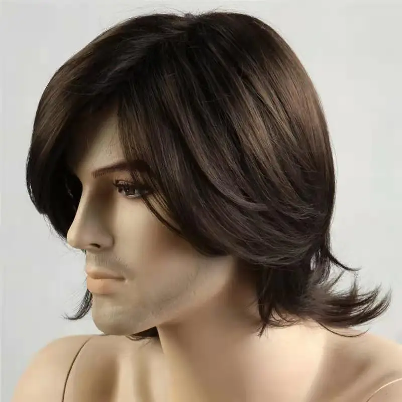 HAIRJOY Men Brown Short Layered Curly Synthetic Hair Wig Male Wigs with Bangs