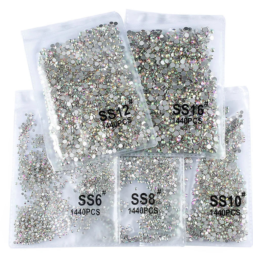 

1440pcs/Bag SS3-SS20 Clear Crystal AB Color 3D Nail Art Rhinestones Garment Non HotFix Flatback Glass Stones Nail Decorations VB