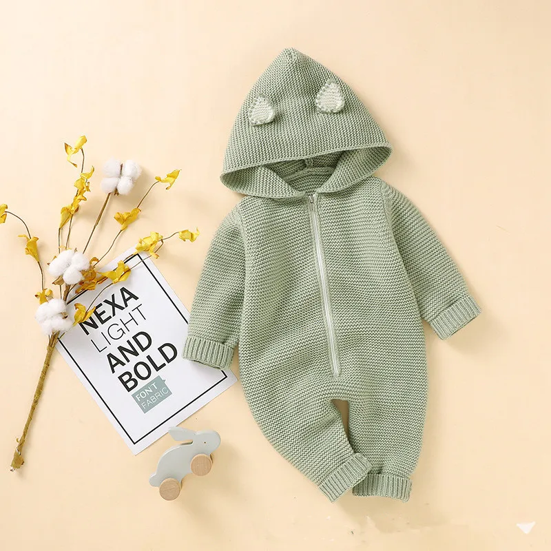 New Infant Baby Rompers Winter Clothes Newborn Baby Boy Girl Knitted Sweater Jumpsuit Hooded Kid Toddler Outerwear