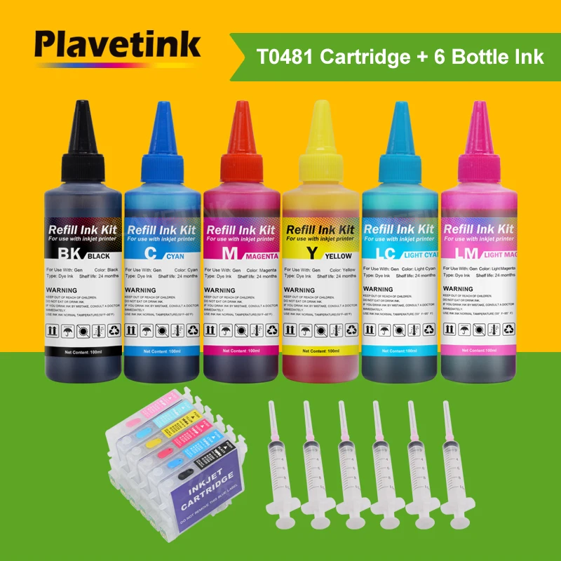 Plavetink T0481 - T0486 Ink Refill Cartridge For Epson Stylus Photo R200 R220 R300 R300M R320 R340 + 6×100ml Bottle Printer Ink