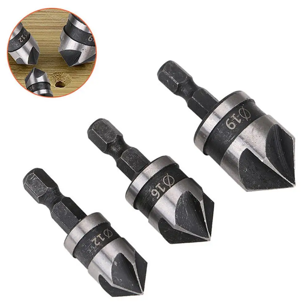 3Pcs Carbon Steel 90 Degree 1/4 Hexagonal Shank Chamfer Wood Work Hole Drill Bit