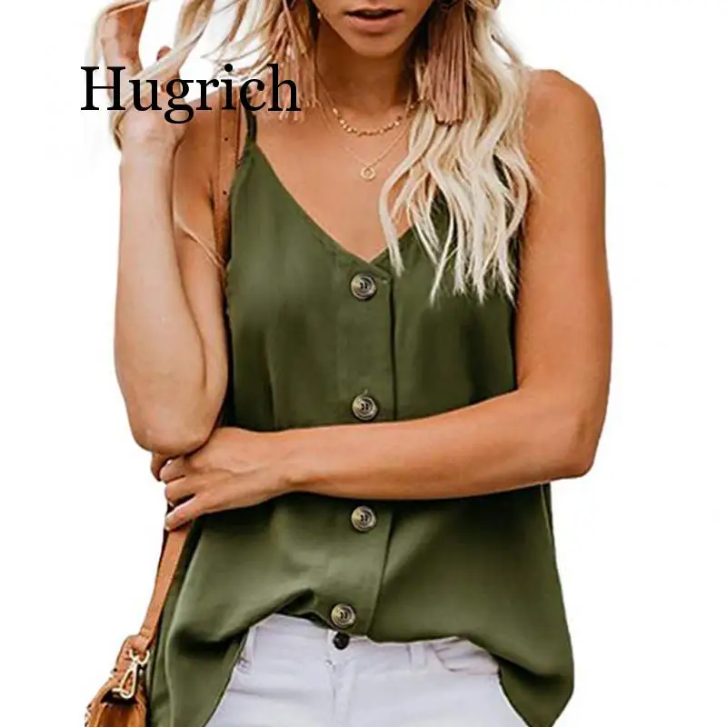 2020 Sexy Women Solid V-neck Vests Sleeveless Button Shirt Blouse Casual Tank Tops Top Camisole feminino