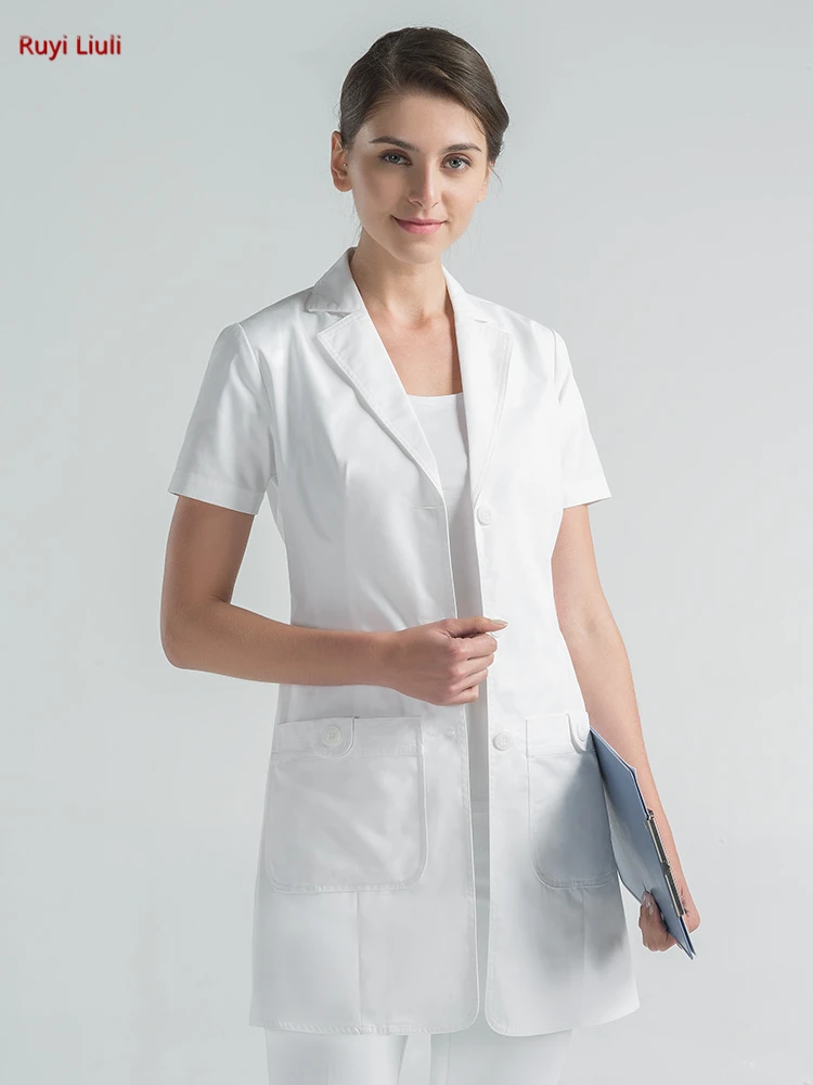 Macacão de médico, casaco branco de manga curta para homens e mulheres, roupa hospitalar de estilo curto, clínica e médico