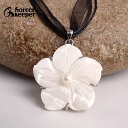 SorcerKeeper Fashion Natural Black Pearl & Hand-carved SeaShell Peach Flower Women Necklaces & Pendants Jewelry BD723