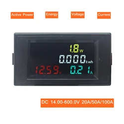 Licznik energii prądu stałego Monitor woltomierz amperomierz 4 w 1 DC 14.00-600.0V 20A/50A/100A Volt Amp Watt KWH Monitor