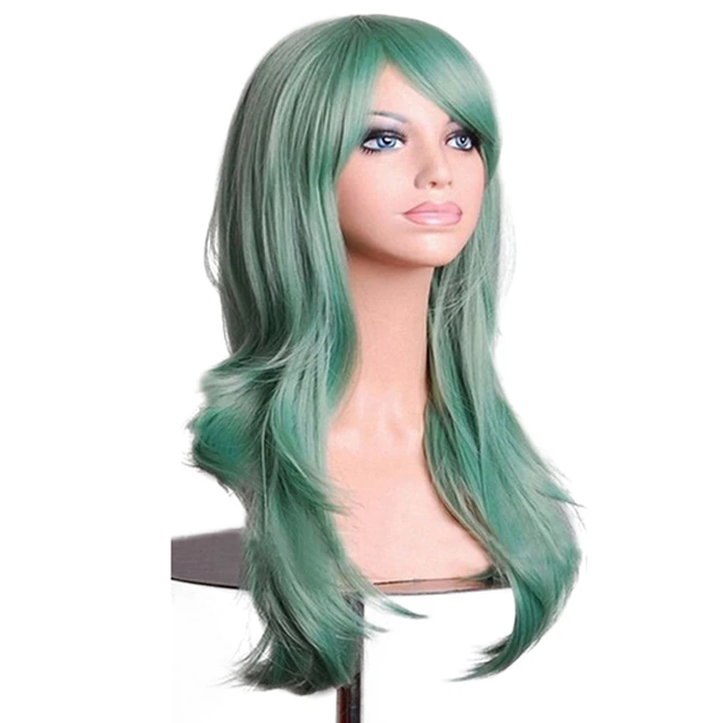 Soowee Wavy Long Blue Gray Cosplay Hair Synthetic Wigs Hair Pink Wig with Bangs for Women Fake Hairpieces