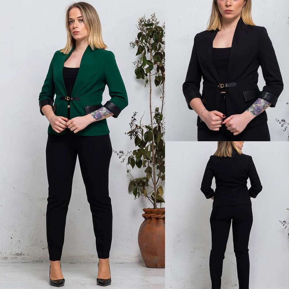 Fashion Mother Of The Bride Suits Custom Made Leather Patchwork Pocket Cuff Blazer Women Daily Casual Jacket 1 Piece Set