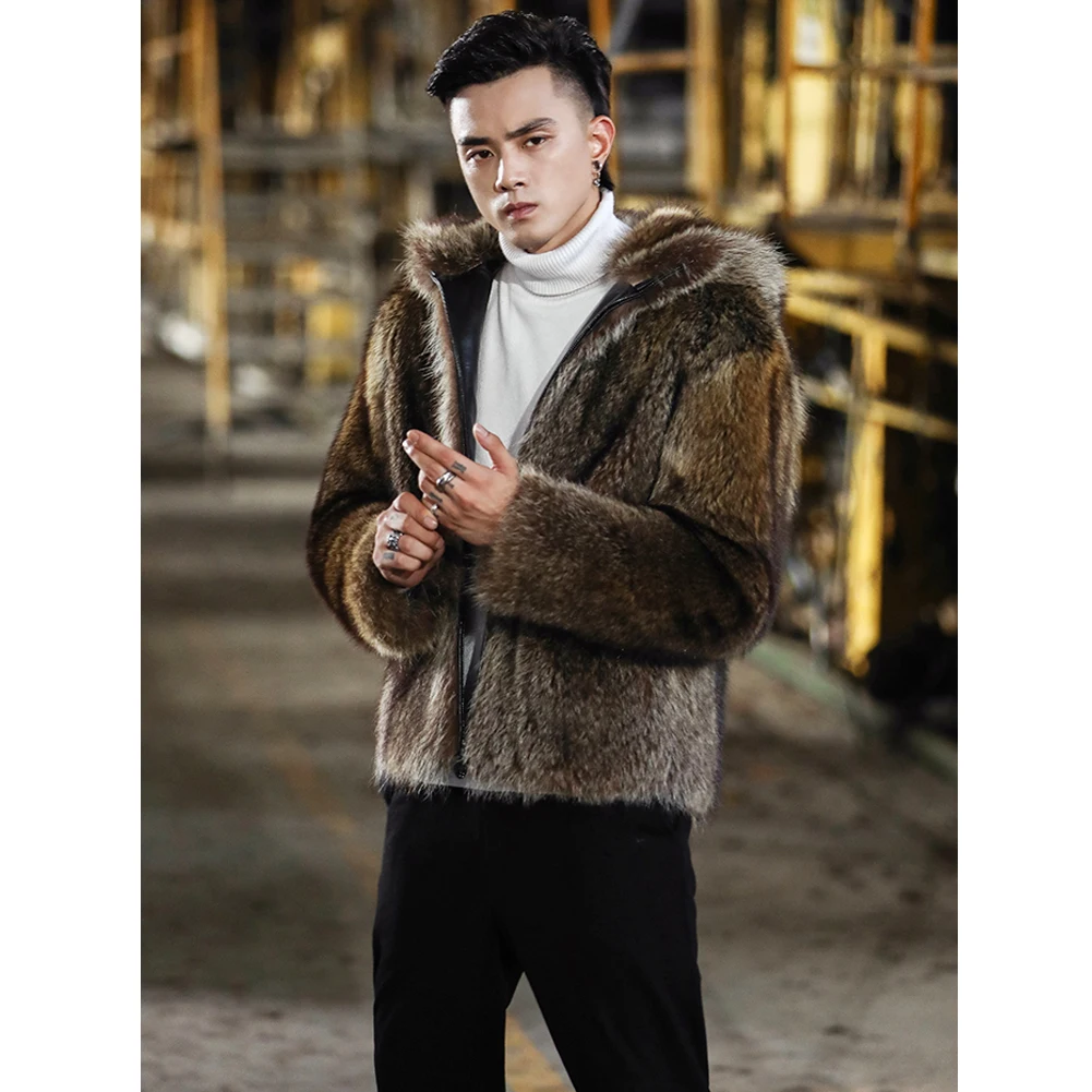 

2019 New Imported Mens Raccoon Fur Coat Fashion Short Fur Coat Hooded Leather Jacket Mens Winter Coats