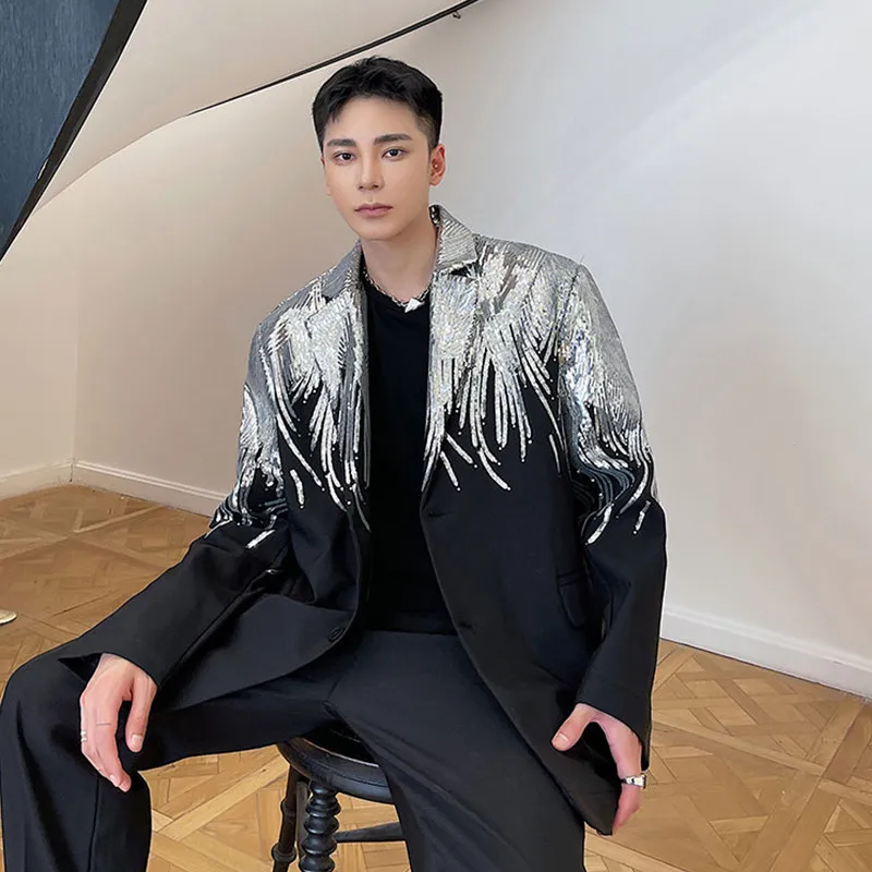 

Bar Male Singer Oversize Embroidery Sequins Blazers Men's Loose Casual Sequined Suit Coat Stage Performance Costume Overcoat