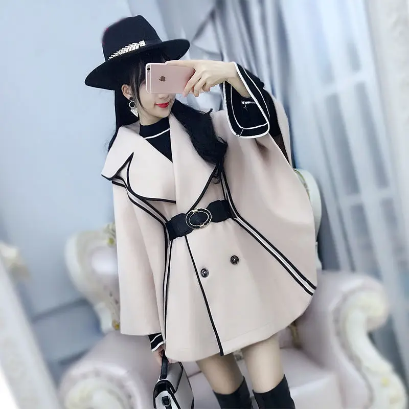 

Plus Velvet Thick Winter Jacket Women New Beige Black Bat-Sleeved Cloak Coat Woolen Female Fashion Wild Belt Women's Jacket