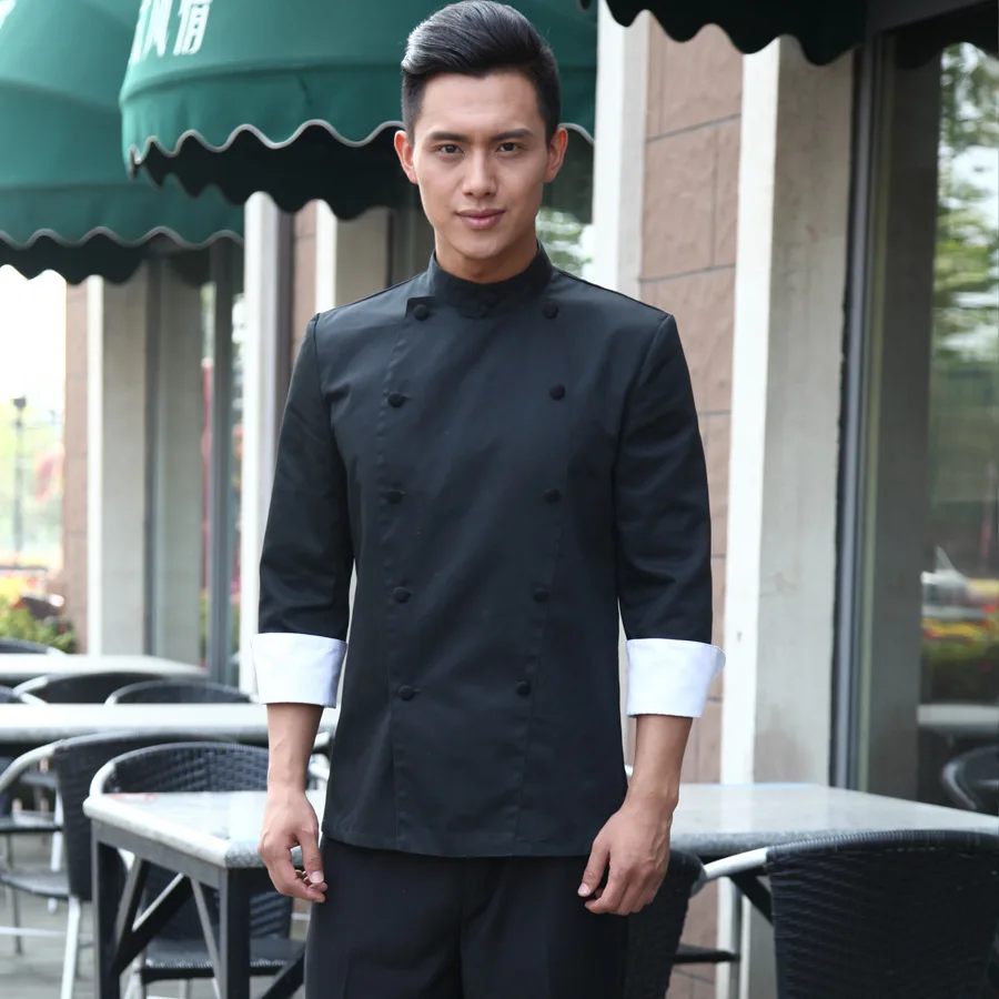 โรงแรมห้องครัว Chef ทำงานเสื้อผ้า Chef ผู้ชายเสื้อคู่แขนยาวสีดำสีขาว Cool Bake Chef Uniforms