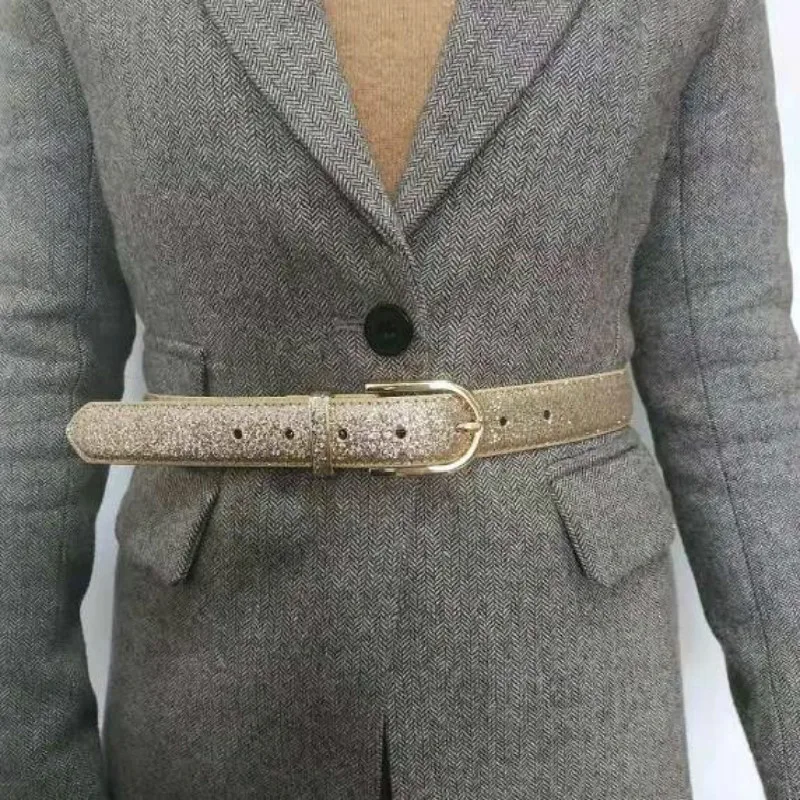 

2021 Fashion Women Glitter Gold Belt Female Silver Pu Waist Belt High Quality Cummerbund Ceinture Femme 90 --115CM real picture