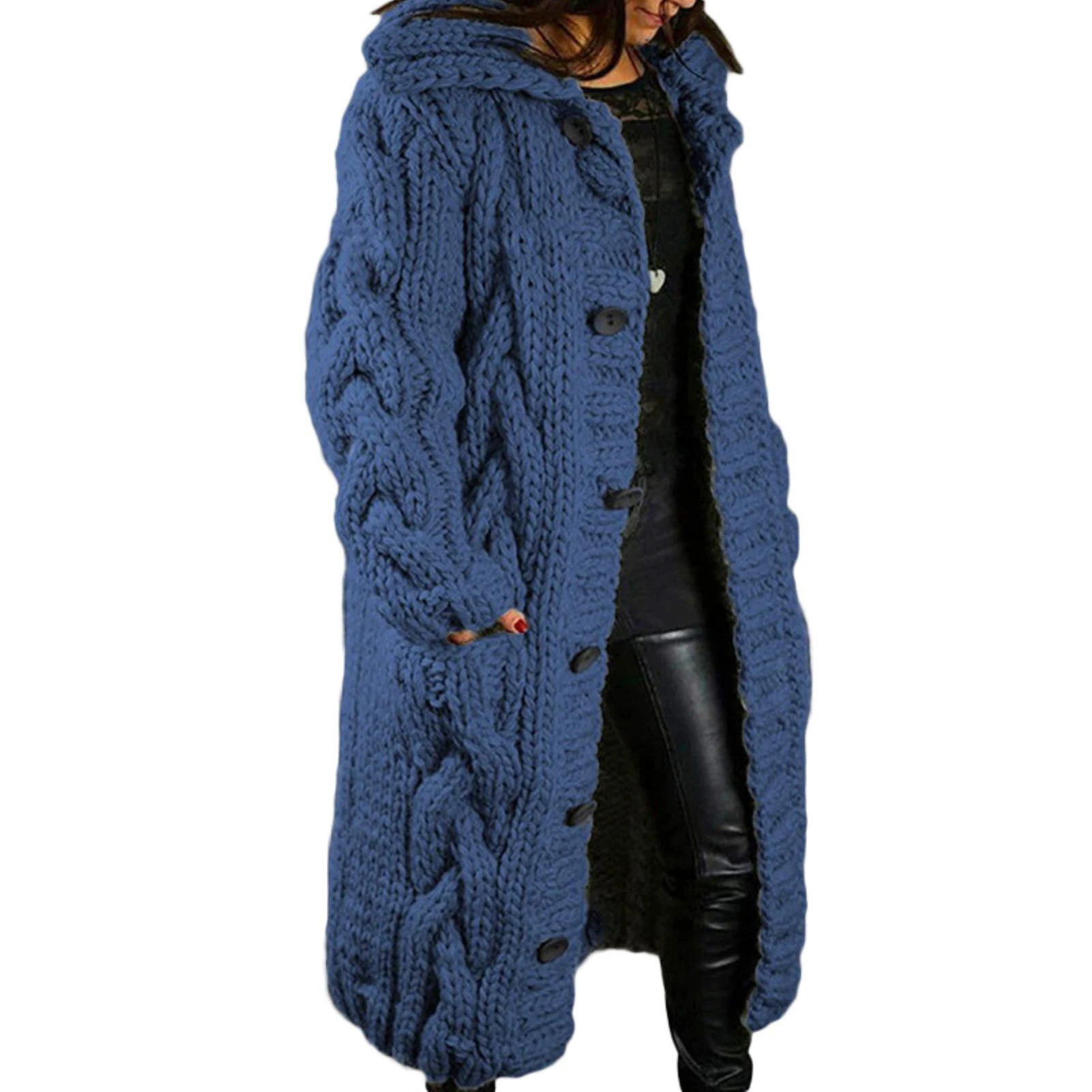 HOT SALES！！！New Arrival Women Winter Long Sleeve Twist Knitted Cardigan Pocket Buttons Warm Hooded Coat