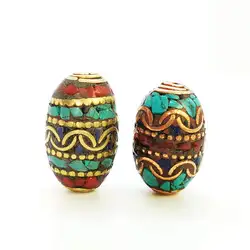 Nepal Hand Metal Beads Copper Silk Filled Colorful Stone Cocoon Shape Big Beads for DIY NBB145