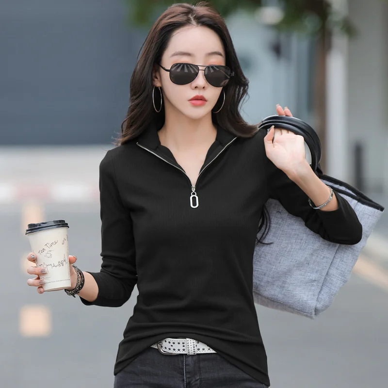 #0341 Elastic Cotton Turtleneck T Shirt Women With Zipper Korean Fashion Long Sleeve T-shirts Solid Color Women\'s Tee Shirt Sexy