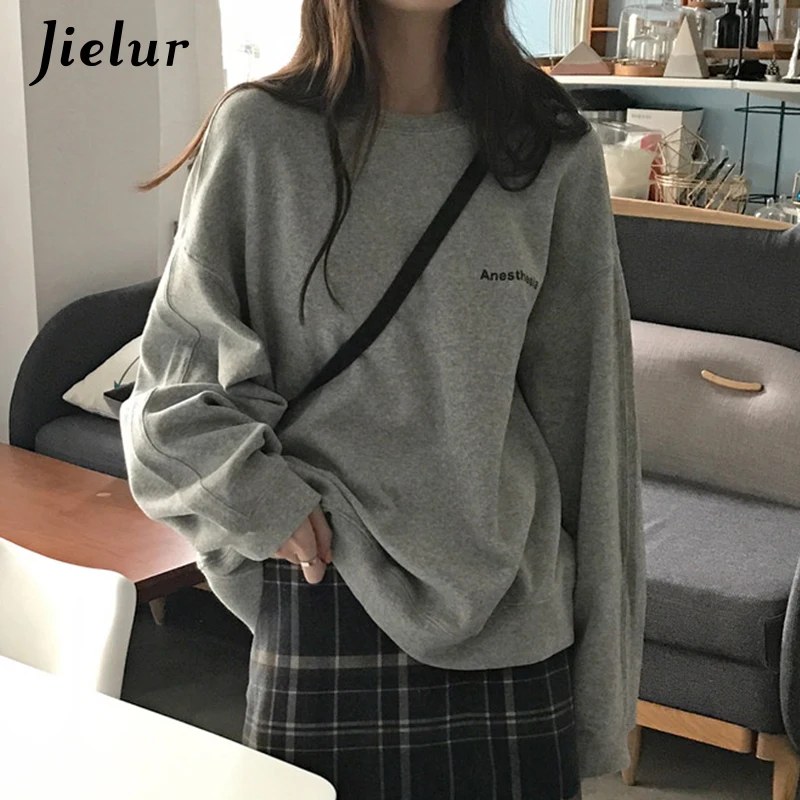 Jielur Nieuwe Kpop Brief Hoody Fashion Koreaanse Dunne Chic Vrouwen Sweatshirts Cool Marine Blauw Grijs Hoodies Voor Vrouwen M-XXL