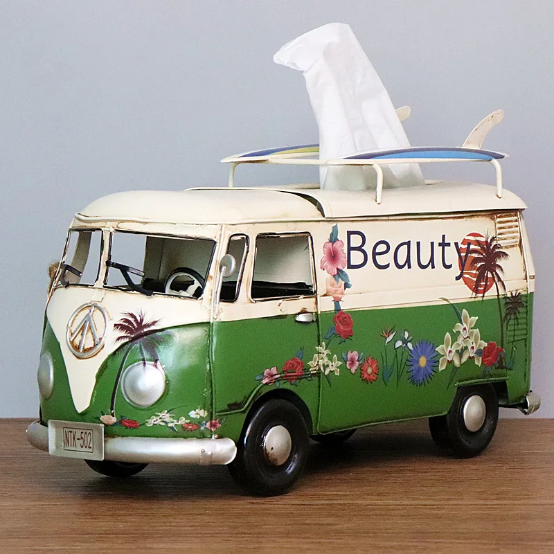 

American Tissue Box Industrial Style Creativity Make-Old Tin Retro Bus Model Paper Box With Windsurfing Home Decoration