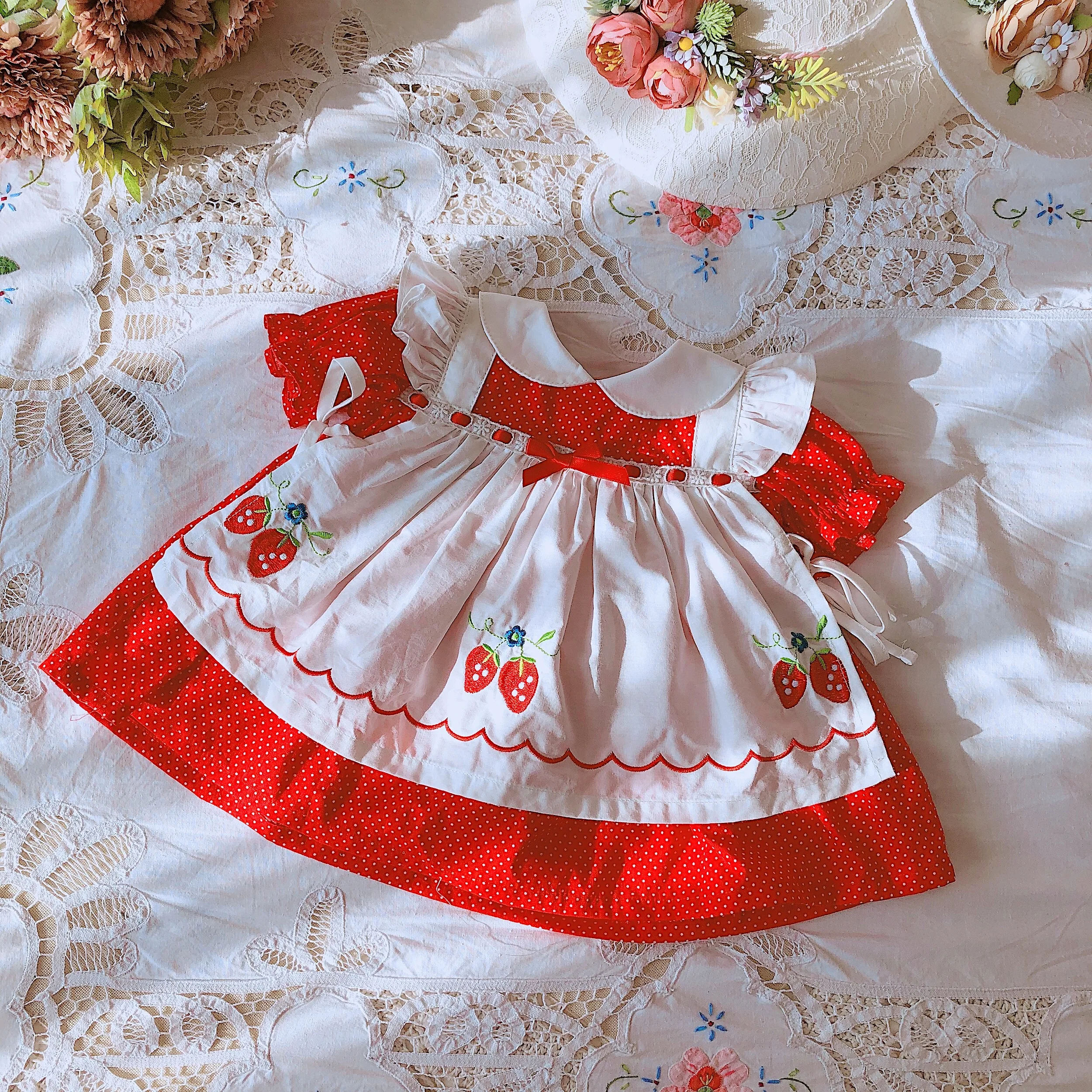 Baby Girls Summer Vintage Red Strawberry Princess Dress Casual Dress for Baby Girls 100% Cotton