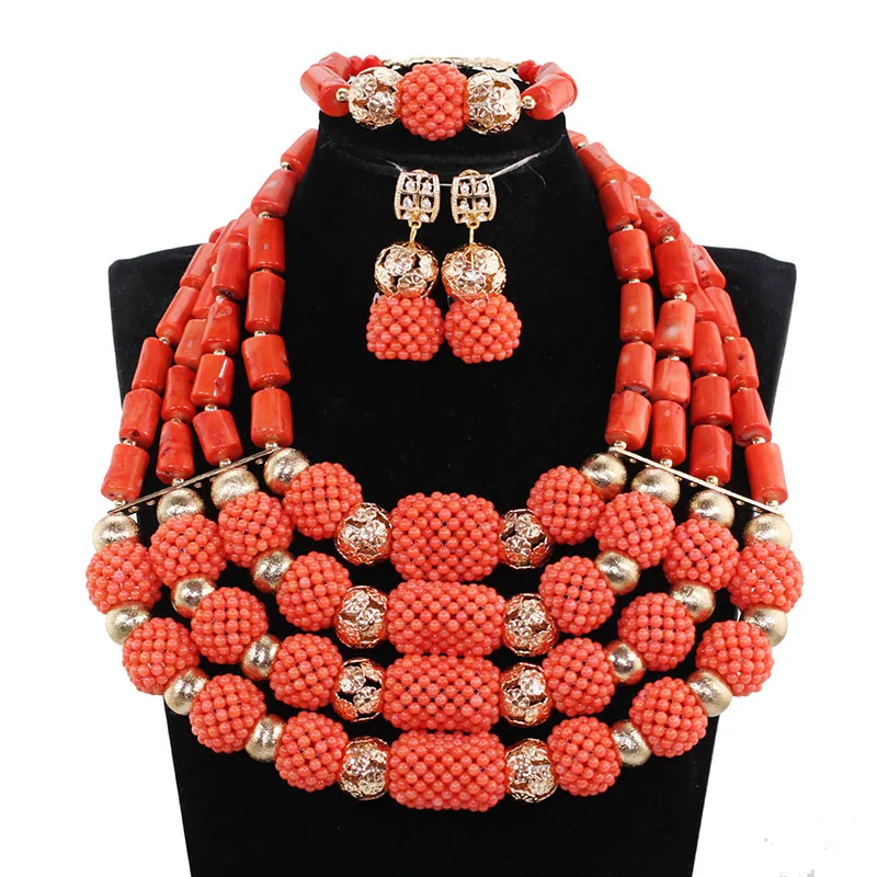 Natural Coral African Indian Bridal Beads Necklace Set  Nigerian Traditional Wedding Coral Beads Jewelry Set Free Shipping ABG19