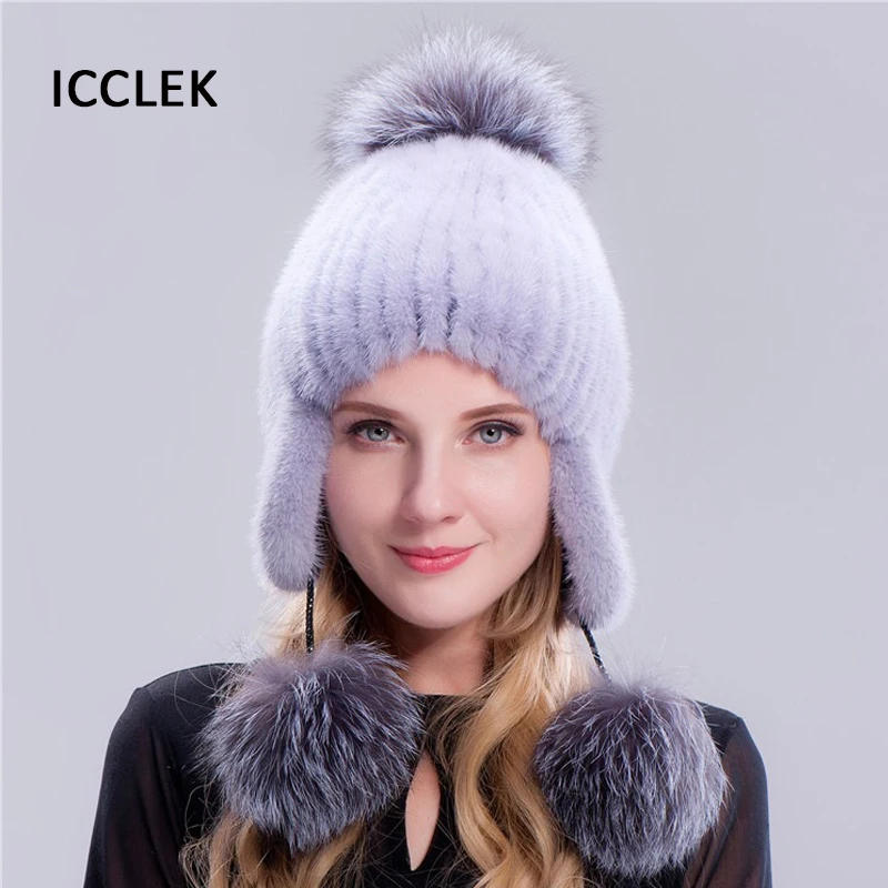 

Women Mink Fur Hat Winter Warm Bomber Hats With Fox Fur Pompoms Female Winter Cap Russian Earflap Hat