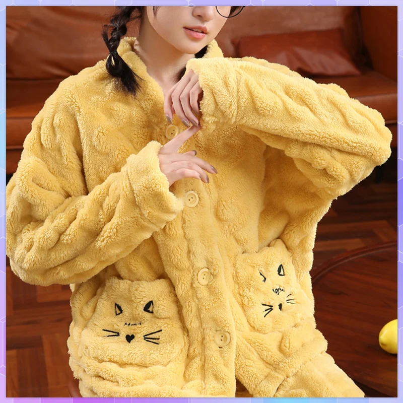 Warm Winter Women\'s Pajamas Home Clothes Sleepwear Ladies Flannel Thick Coral Fleece Cute Cartoon Large Size 2XL Pijama Пижама