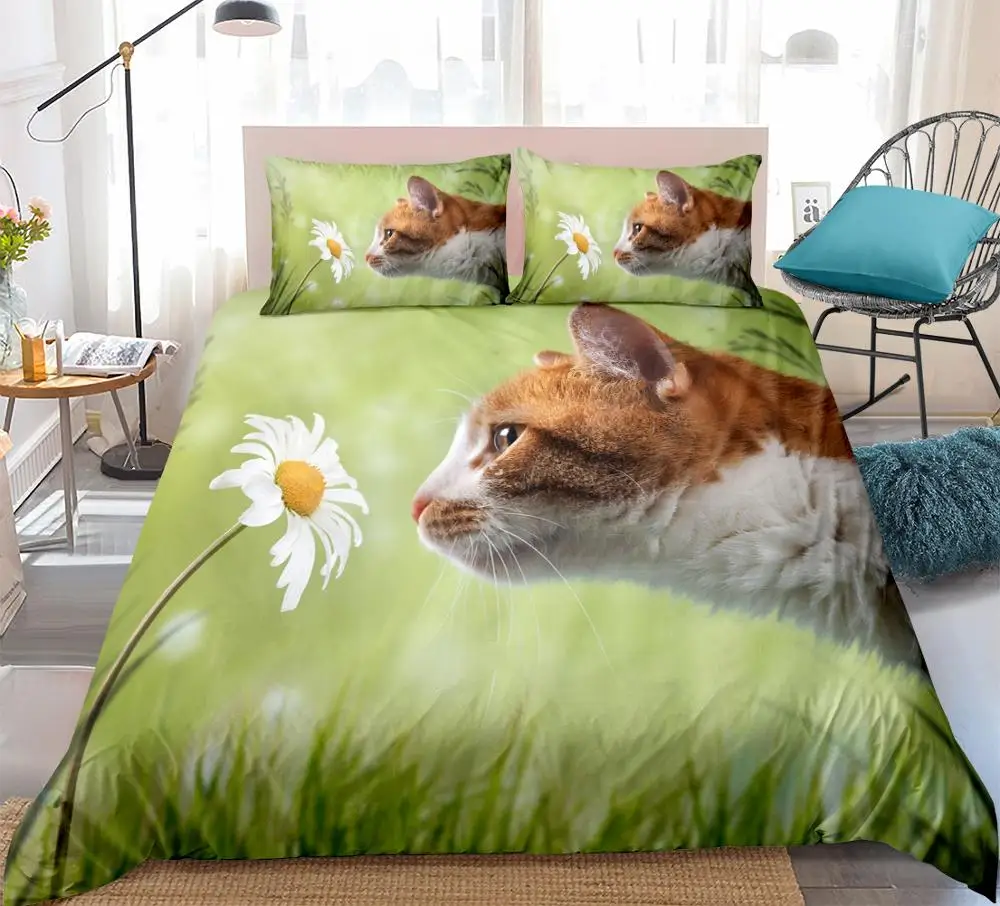 Orange cat and Daisy bedding Sunny grassland Bedding set 3D Dropship green Duvet cover set teen home textiles queen king