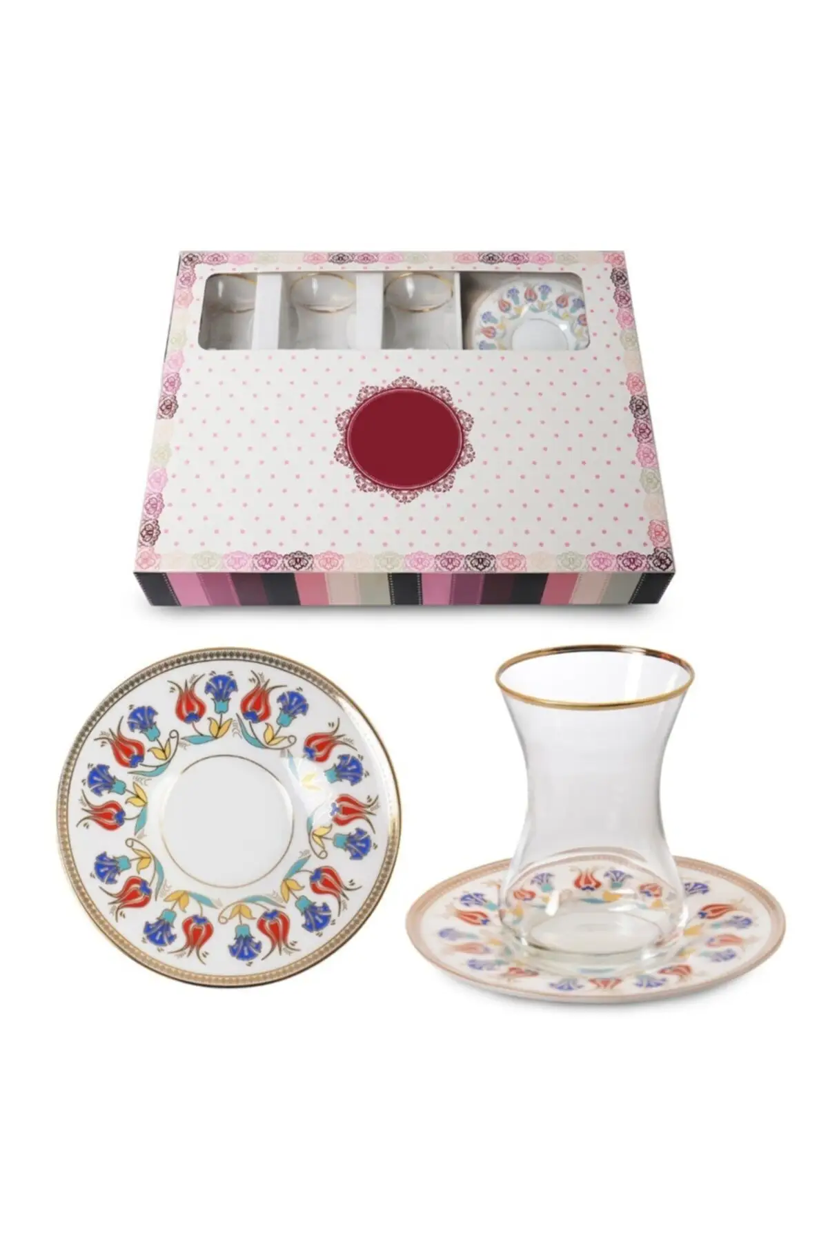 

Uras White 12 Piece Patterned Porcelain Dish Glass Tea Cup Pad 110cc English Tea Cup Glass Cup