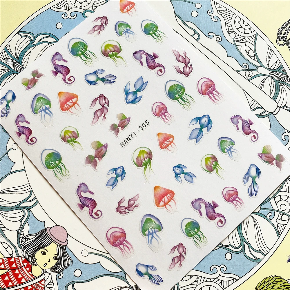 

HANYI-304 HANYI-305 Jellyfish seahorse butterfly 3D Back glue Nail Art Stickers Decals Sliders Nail ornament decoration