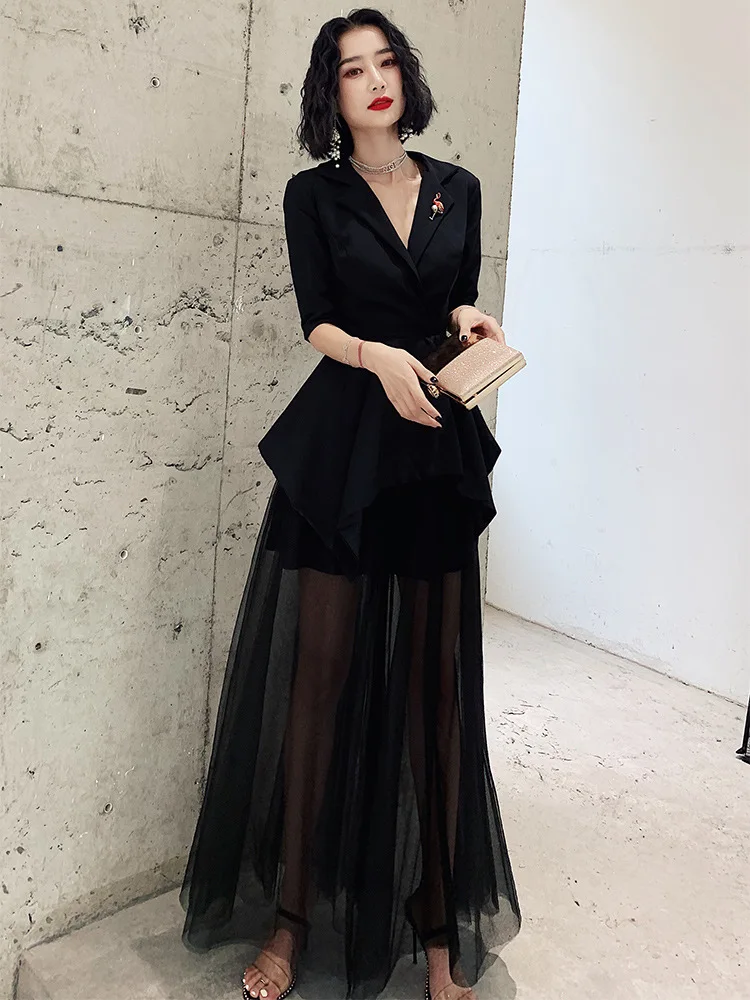 Vestido de negocios de estilo coreano hasta el tobillo con cuello en V, vestidos de banquete suaves de media manga hasta el suelo, vestidos de noche formales de línea a