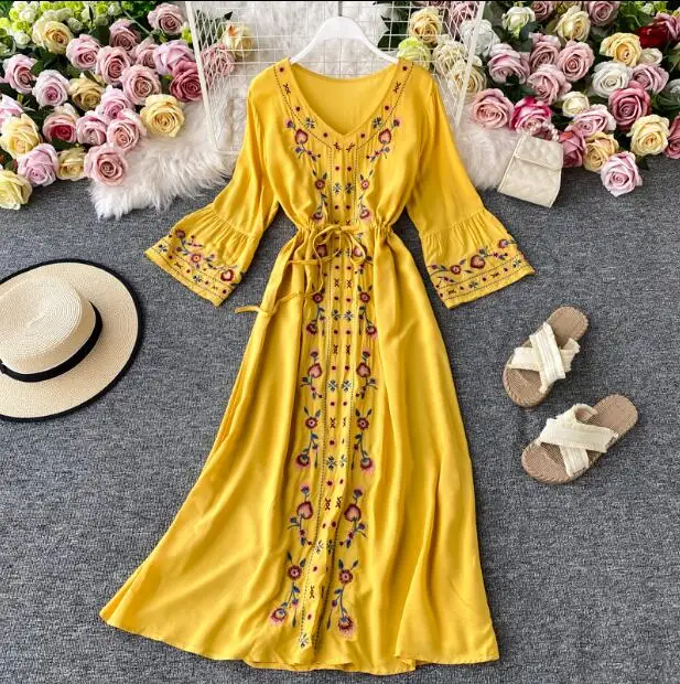 Women Dress Embroidery Ethnic style Summer Long V neck Fashion Chiffon