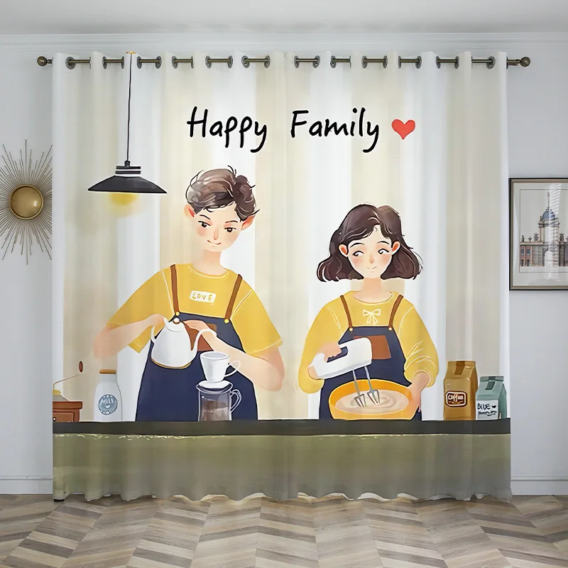 New Arrival Polyester Material Happy Sweet Family Cartoon Printing Curtain For Home Use