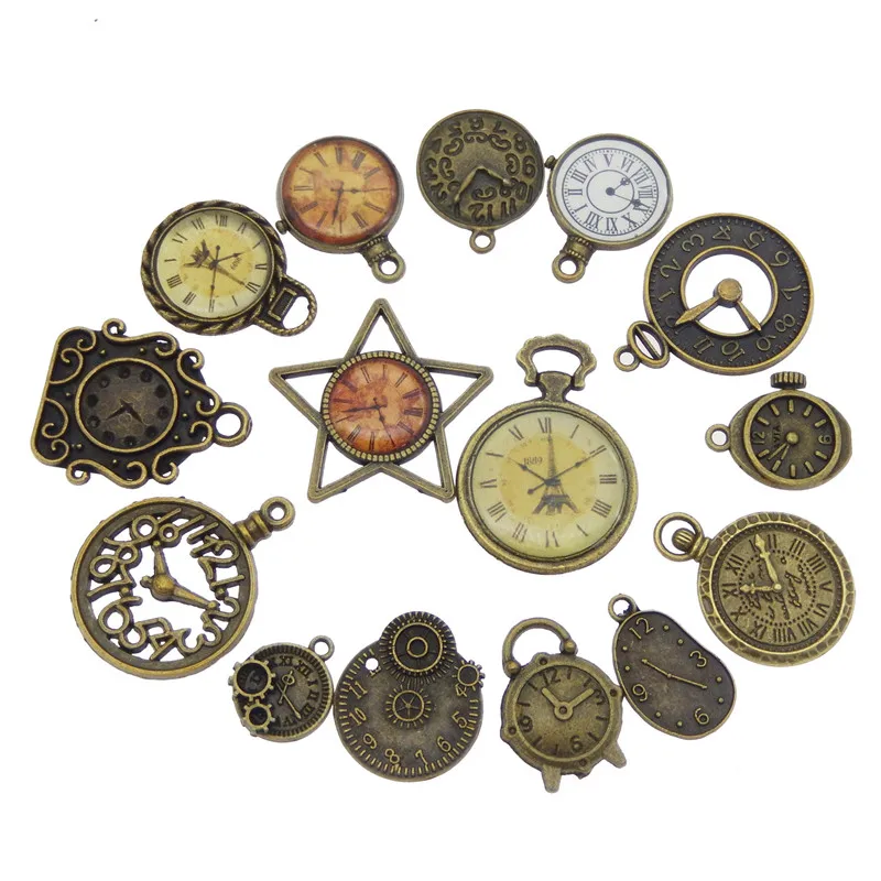 GraceAngie 10pcs Random Mixed Clock Watch Face Charms Alloy Necklace Pendant Finding Jewelry Making Steampunk Accessory