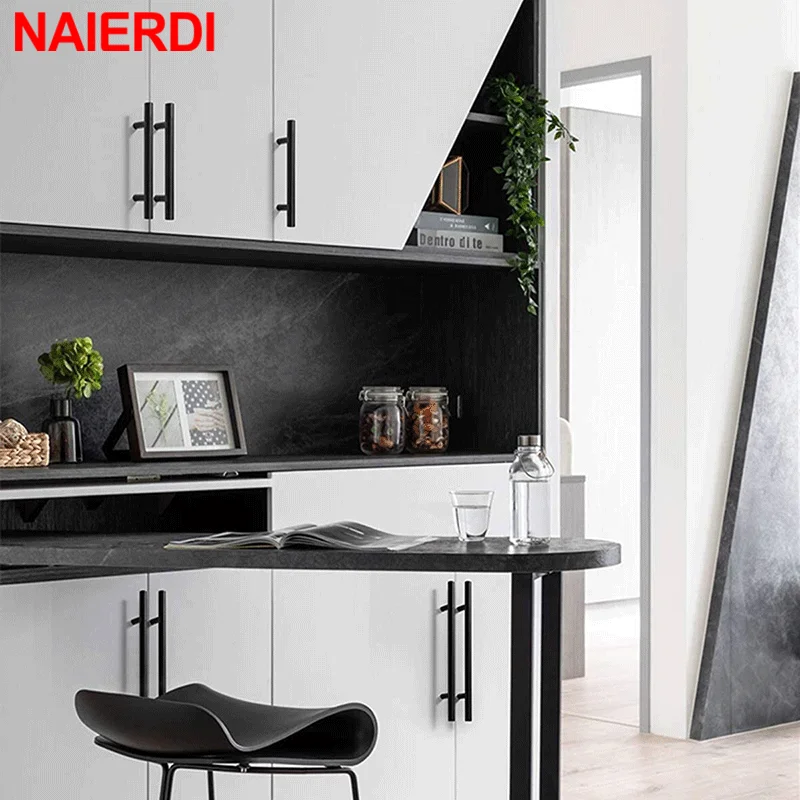 NAIERDI-Poignée de meuble noire en acier inoxydable, barre en T, poignée de cuisine en or brossé, nervure d'armoire avec vis en bambou découpable, 20 pièces