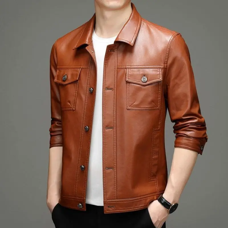 Idopy Men`s Real Leather Jacket Business Classic Slim Fit Pockets Office Business Outerwear Jacket and Coat For Male