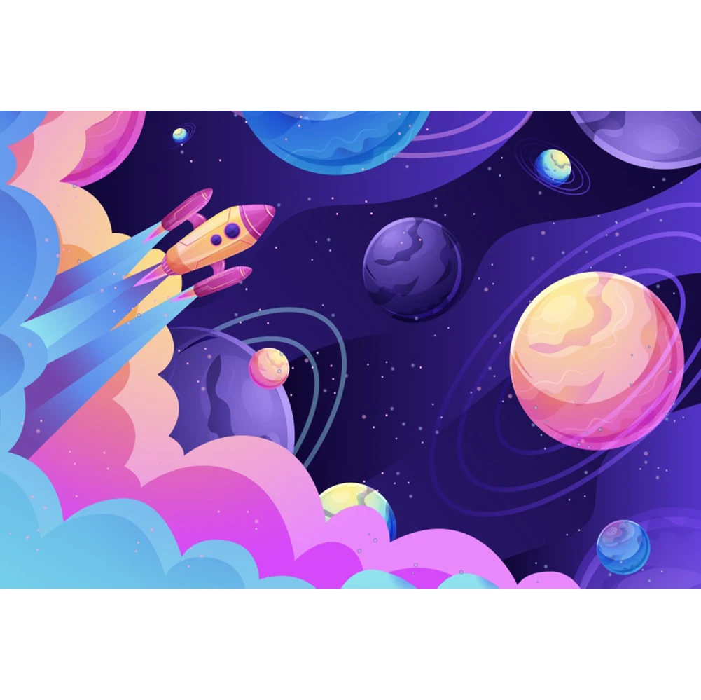 Laeacco เด็กวันเกิดการถ่ายภาพพื้นหลังที่มีสีสัน Fantastic Planet Rocket ภาพที่กำหนดเองฉากหลัง Photocall สำหรับ Photo Stud