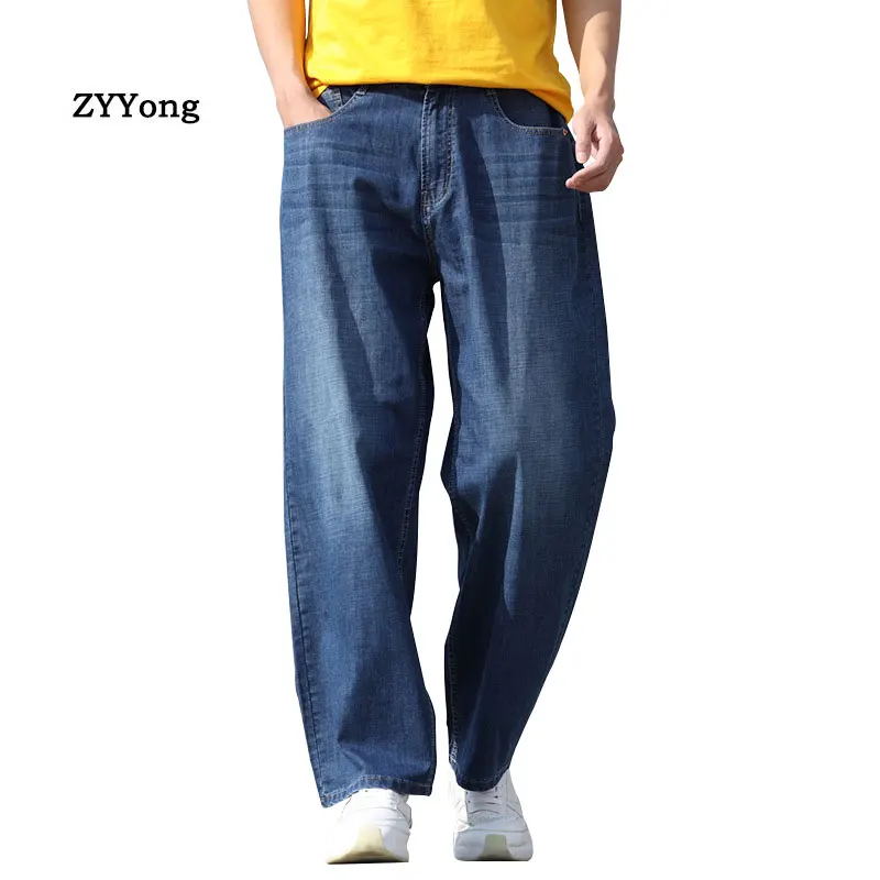 Summer Thin Section Breathable  Straight Large Size Mens Jeans Harem Hip Hop Denim Streetwear Wide Leg Pants Blue Loose Trousers