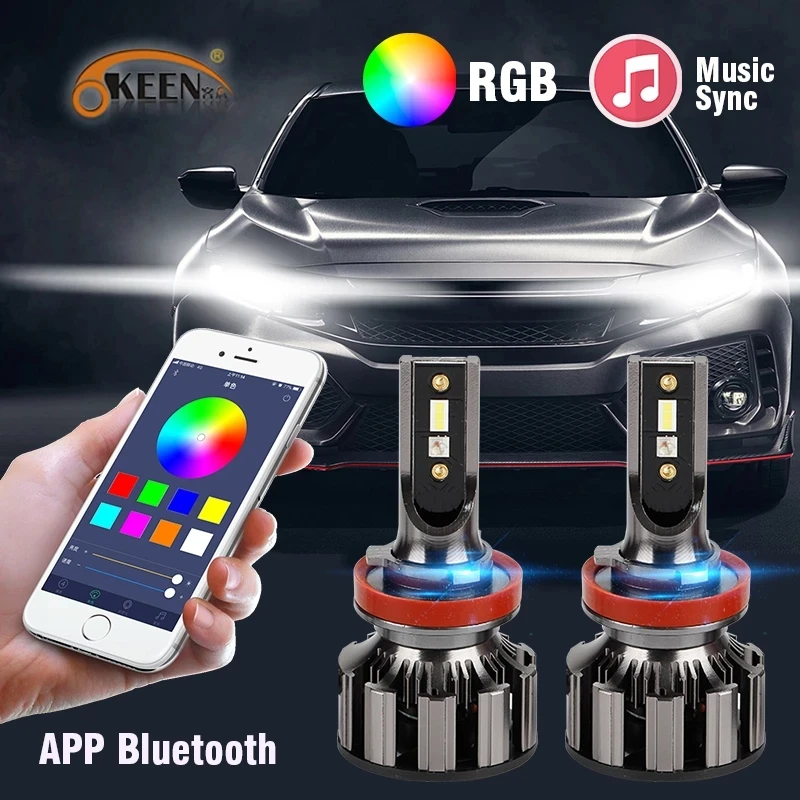 OKEEN H7 RGB LED Headlight H1 APP Bluetooth-Compatible Control H3 H4 H8 H11 Multi Colors LED Bulbs 9005 9006 For Camry Ford BMW