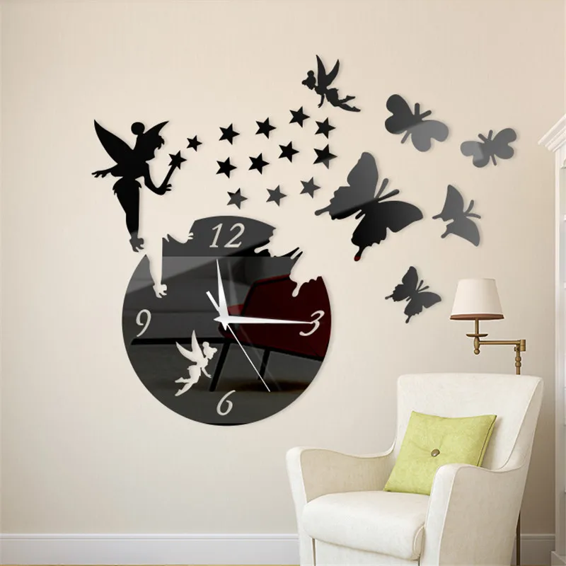 Acrylic Mirror Stickers Wall Clock Modern Design Fairy Butterfly 3D DIY Duvar Saati Clocks for Girl Gift Living Room Home Decor