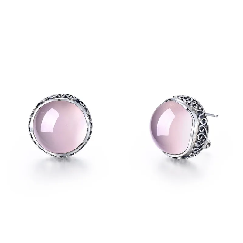 High Quality 925 Sterling Silver Girls Bohemian Retro Pink Crystal Natural Stone Rose Quartz Earrings Female Jewelry Fashion