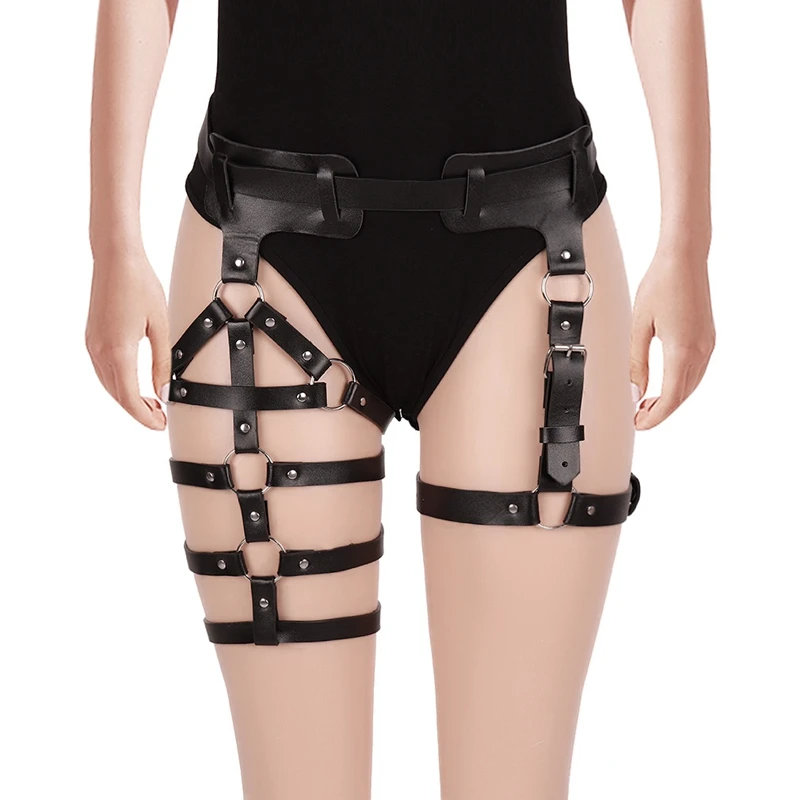 

Goth Women's Leather Harness Stockings Garters Sexy BDSM Erotic Body Bondage Underwear Thigh Binding Sword Belt Fetish Clothing