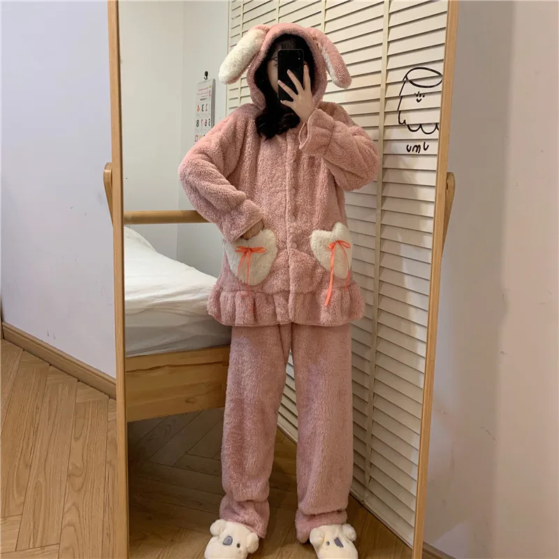 Winter Cute Flannel Pajama Set Women Kawaii Plush Sleepwear Bunny Ear Long Sleeve Fleece Warm Two Piece Sleep Home Lounge Wear