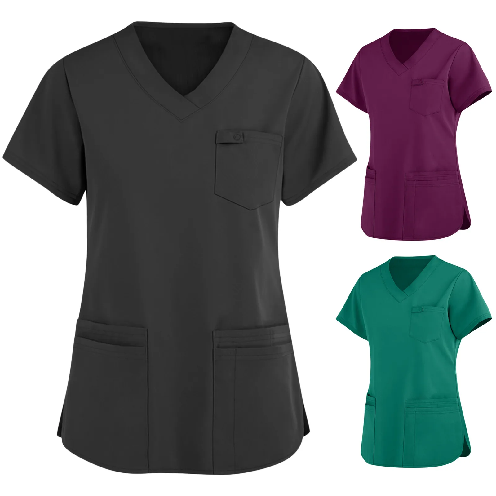 

2021 Stretch V-Neck Scrub Top for Women Solid Short Sleeve T-Shirt Beauty Salon Nurse Uniform with Pocket Care Workers Blouse