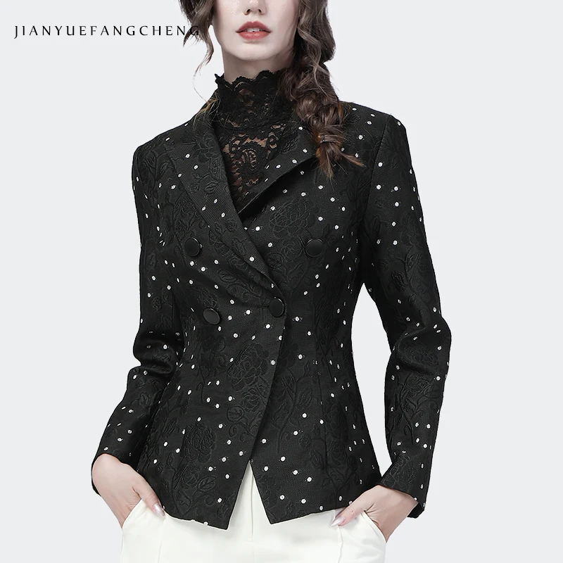 Vintage Embroidered Women's Jacquard Blazer Black Polka Dots Long Sleeve Suit Collar Elegant Double-Breasted Female Autumn Coat