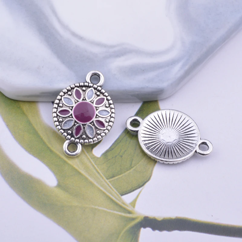 12 Stück 15*22mm Antiksilber Runde Lila-Blaue Emaillierte Verbindungsstücke mit Zwei Löchern für Ohrringe und Anhänger, Schmuckzubehör – Detail 3