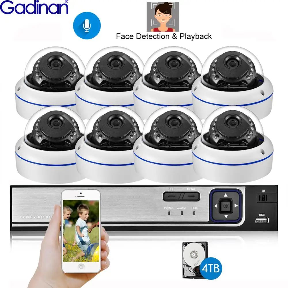 Gadinan  H.265 4/8CH 5MP POE Face Audio Record NVR IP Security Camera System Kit Outdoor Vandal-proof CCTV Dome Surveillance Set