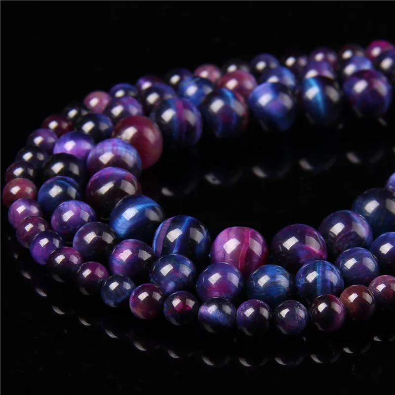 Natural Stone Tiger Eye Beads Mixed Purple Round Loose Beads 15