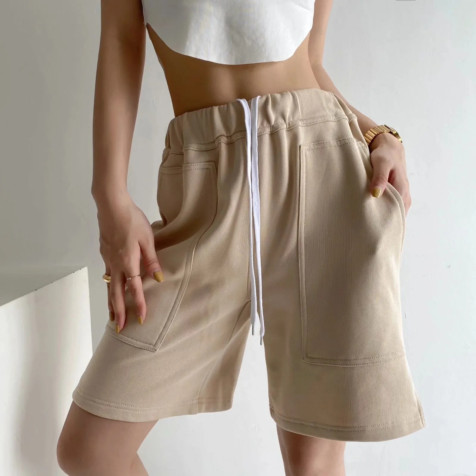 

Summer Solid Black Sweatshorts Casual Women Suit Shorts Half Length High Waist Wide Leg Shorts Female Bottoms White Loose Shorts