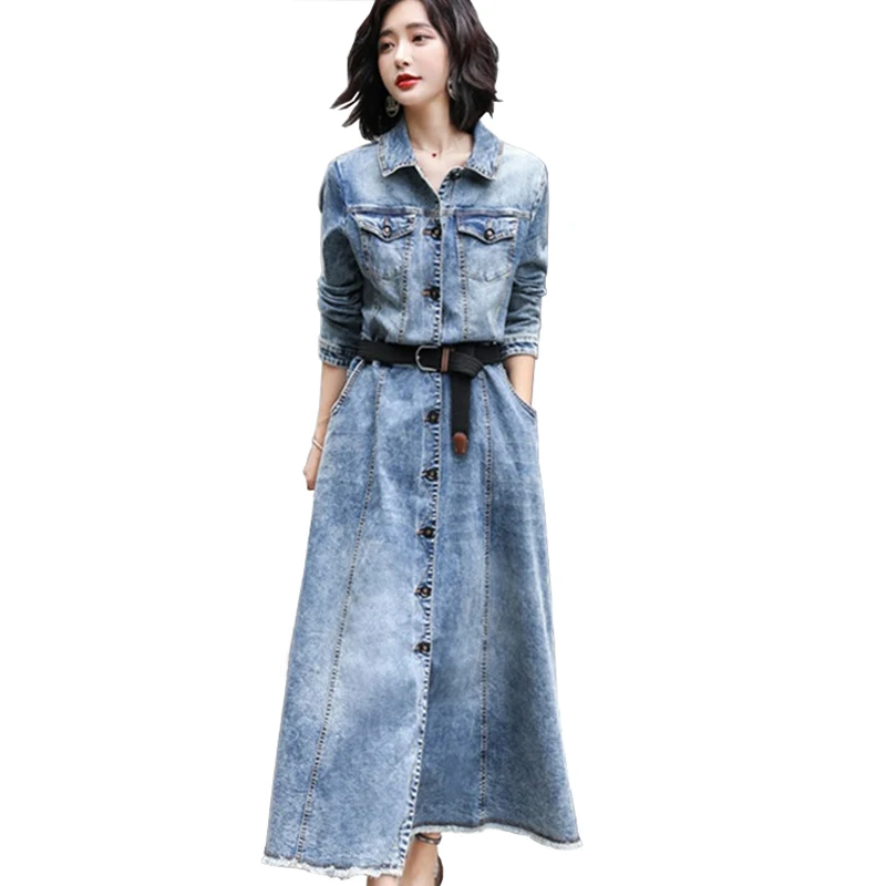 

Fashion Spring Autumn Denim Dress Windbreaker Women Single-breasted X-long Jeans Dresses Belt Slim Elegant Female Casual 3044