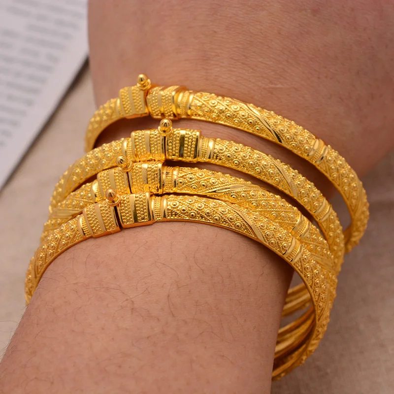 

24K Bangles 4Pcs/Set Bracelet Ethiopian Gold Color Bangles For Women Bijoux Femme African Middle East Dubai Halloween Jewelry